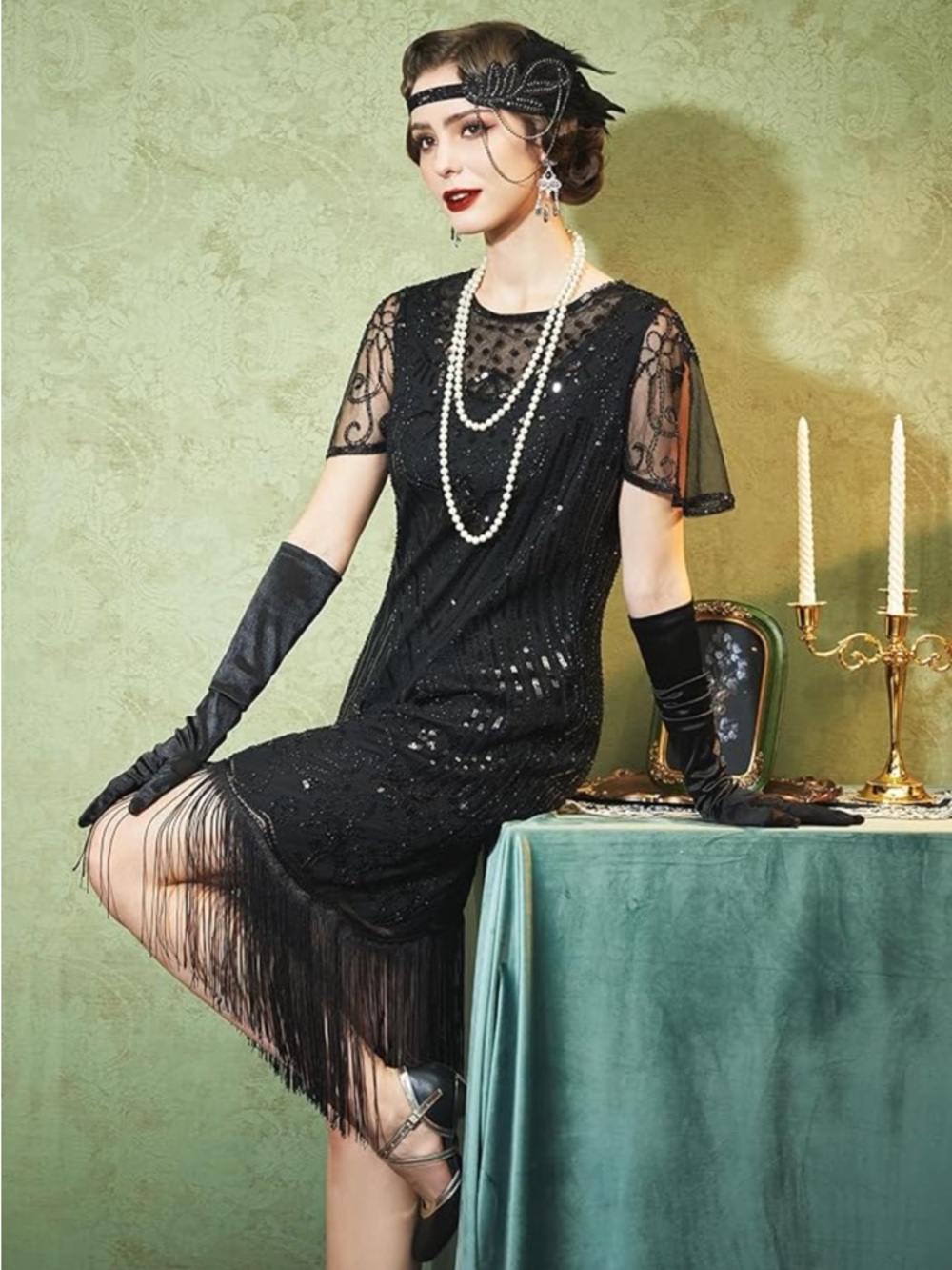 NWT SWEETV 1920s Flapper Dress + Accessories Fringe Sequins Costume 20s Size S